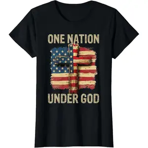 Summer t Shirts One Nation Under God American Flag Cross 4th of July Men T-Shirt
