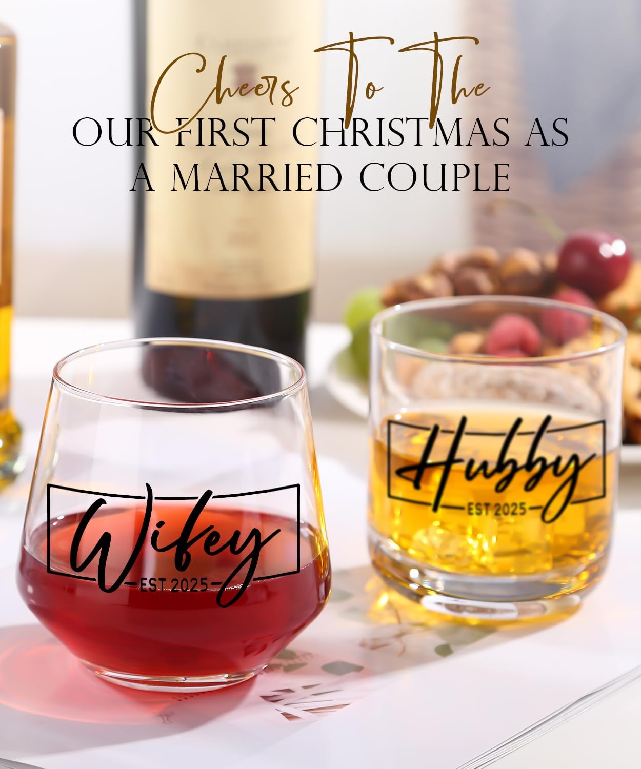 Hubby & Wifey Wine & Whiskey Glass Set for Mr & Mrs Gifts - Anniversary Wedding Gift, Unique Bridal Shower Gift, Drinkware