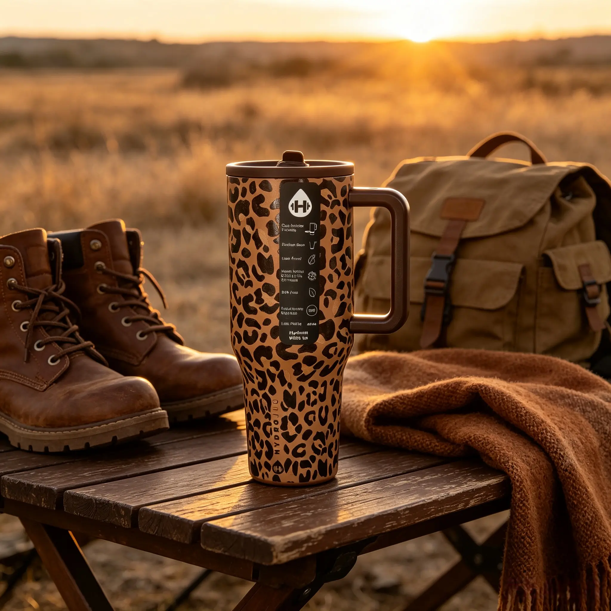HydroJug 40oz Stylish Leopard Print Insulated Travel Tumbler - Portable Vacuum Flask with Handle Flip Straw Lid, 24 Hours Cold Retention, BPA-Free, Cup Holder Friendly Drinkware, Premium Insulation Feature