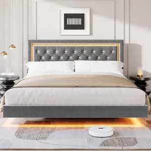 Grey Floating Bed Frame King Size with Smart Led Lights, Upholstered Platform Bed with Diamond Headboard, Solid Wood Slats Support, No Box Spring Needed, Noise-Free, Easy Assembly,