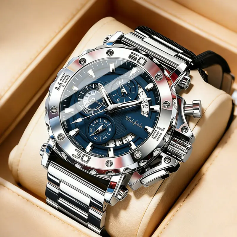 Men's Luxury 43mm Round Face High Quality Chronograph Watch - Stainless Steel Stylized Mechanical Design, Quartz Movement, Calendar, << 30M Water Resistant, All Seasons Fashion Watch
