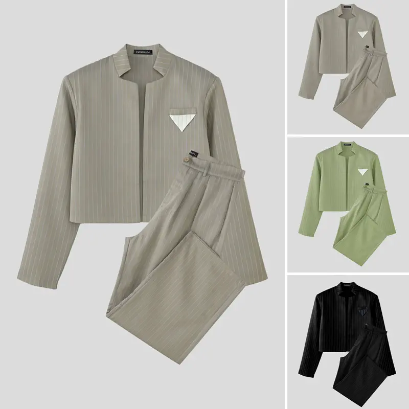 INCERUN Men's Pinstripe 2-Piece Set Cropped Blazer & High Waist Wide Leg Pants Suit