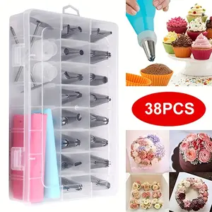 38pcs/set Stainless Steel Piping Nozzle & Box Set, Simple Piping Tip & Storage Box For Baking Supplies Pastry Decorating Tools Including 32 Mounting Tips + 2 Mounting Nails + 2 Mounting Bags + 2 Converters, Nozzles Tips