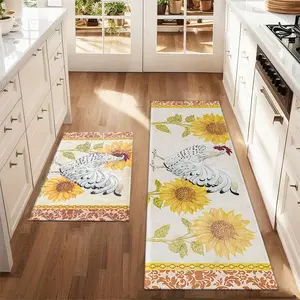 2Pcs White Rooster and Sunflower Floor Mat Set Abstract Art Sketched Printed Carpet Farmhouse Anti Fatigue Kitchen Carpet Non Slip Washable Kitchen Dining Floor Sink Laundry Room Decoration Carpet Mat