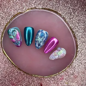 Luxury Ocean Tail Press-On Nail Art - Mermaid and Dark Aqua Chrome Design