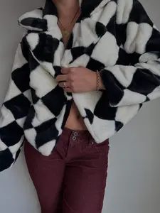 Checkered cropped fur coat