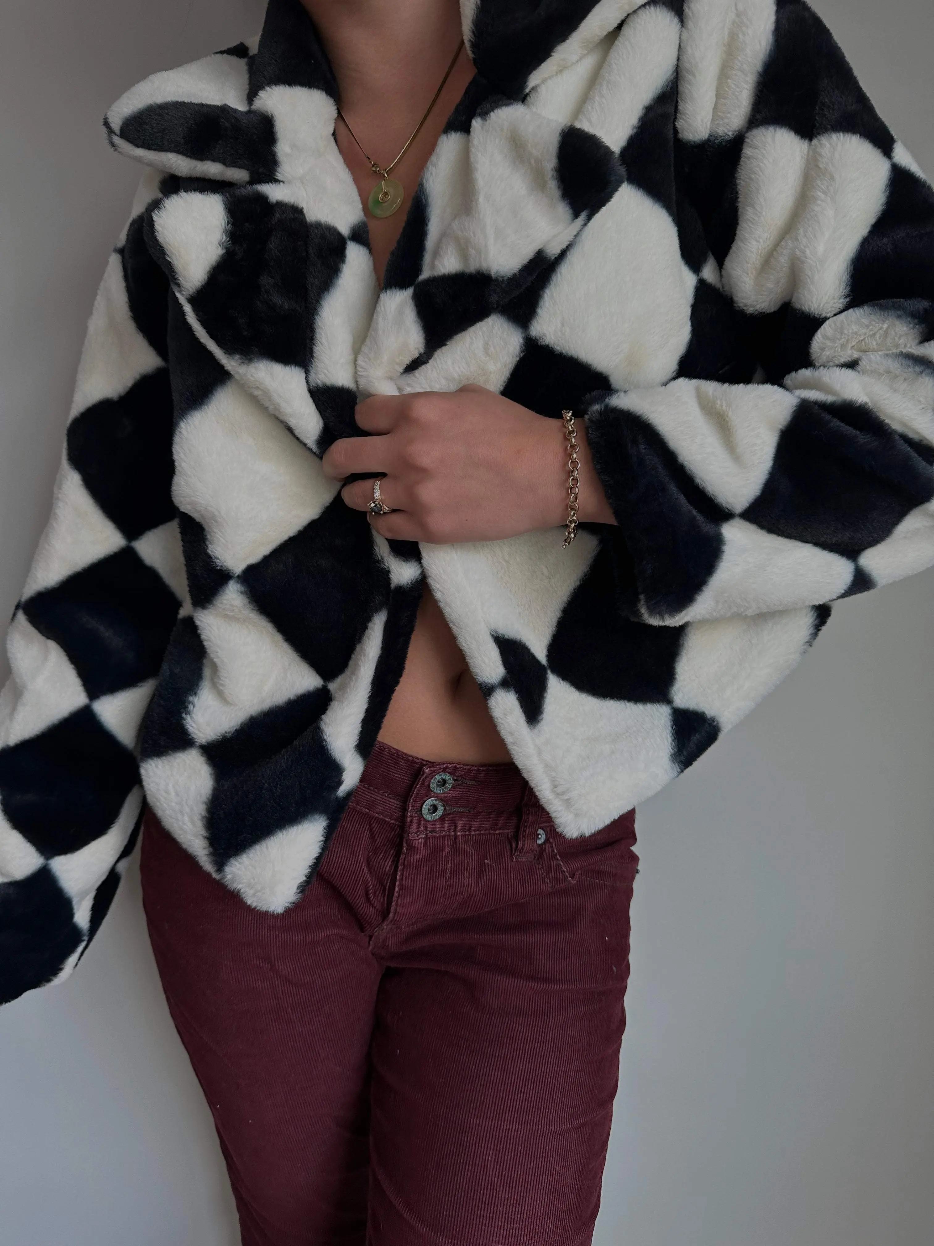Checkered cropped fur coat