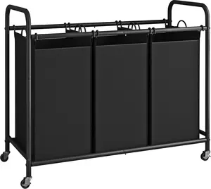 3-Bag Black Laundry Sorter Cart, 35.6 Gal(135 L) Laundry Hamper, Laundry Room Organization with Heavy Duty Rolling Lockable Wheels and Removable Bags