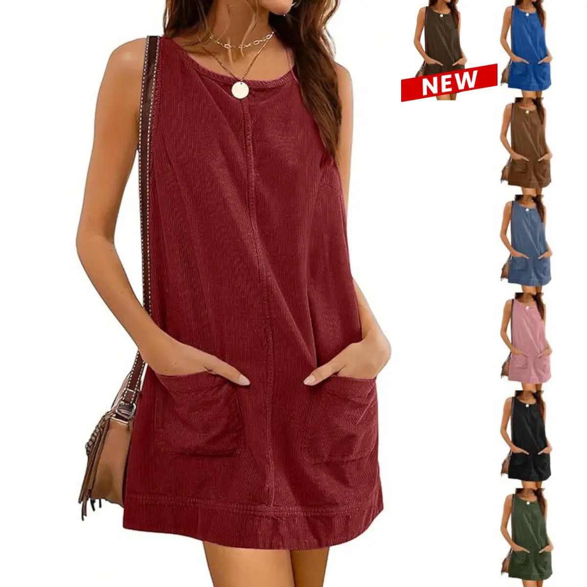 UANEO Women's Corduroy Overall Dress Round Neck A Line Skirtall Jumper Mini Dress Pinafore with Pockets #TikTokShopBlackFriday