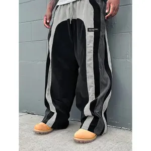 Unisex Retro Colorblock Corduroy Straight-Leg Sweatpants - Loose Fit Casual Pants with Contrast Purple & White Stripes, Machine Washable for Men & Women