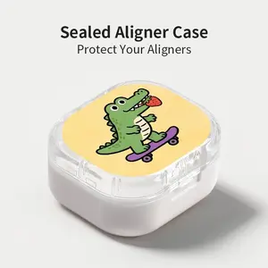 Cute Skateboarding Crocodile with Strawberry Print Aligner Case, Sealed Leak-Proof Orthodontic Retainer Box, Portable Dust-Proof Storage for Students Adults Travel