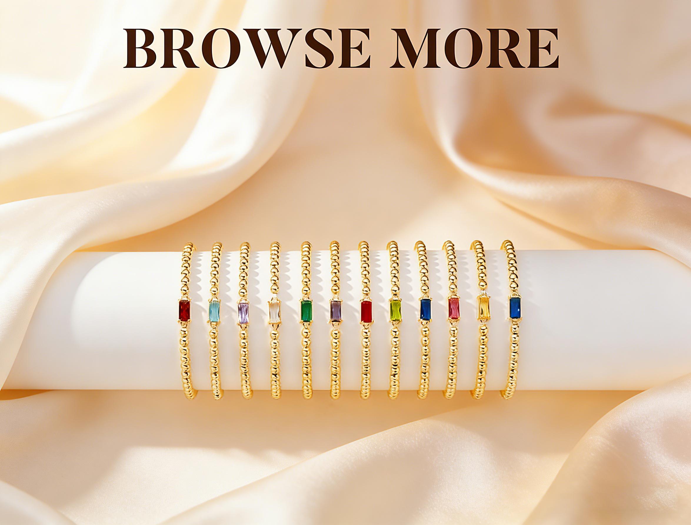 Turandoss Birthstone Beaded Bracelet for Women - 14K Gold Plated Bead Elastic Bangle Bracelets Trendy Friendship Birthday Jewelry Gifts for Women