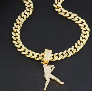 14K Gold Plated Iced CZ Baseball Player Swingman Pendant Chain Cuban Necklace
