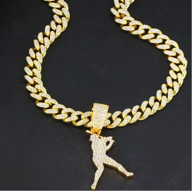 14K Gold Plated Iced CZ Baseball Player Swingman Pendant Chain Cuban Necklace