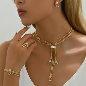 5-piece set of simple and fresh necklaces and earrings with diamond inlay, niche design collarbone chain, versatile index finger ring for evening parties