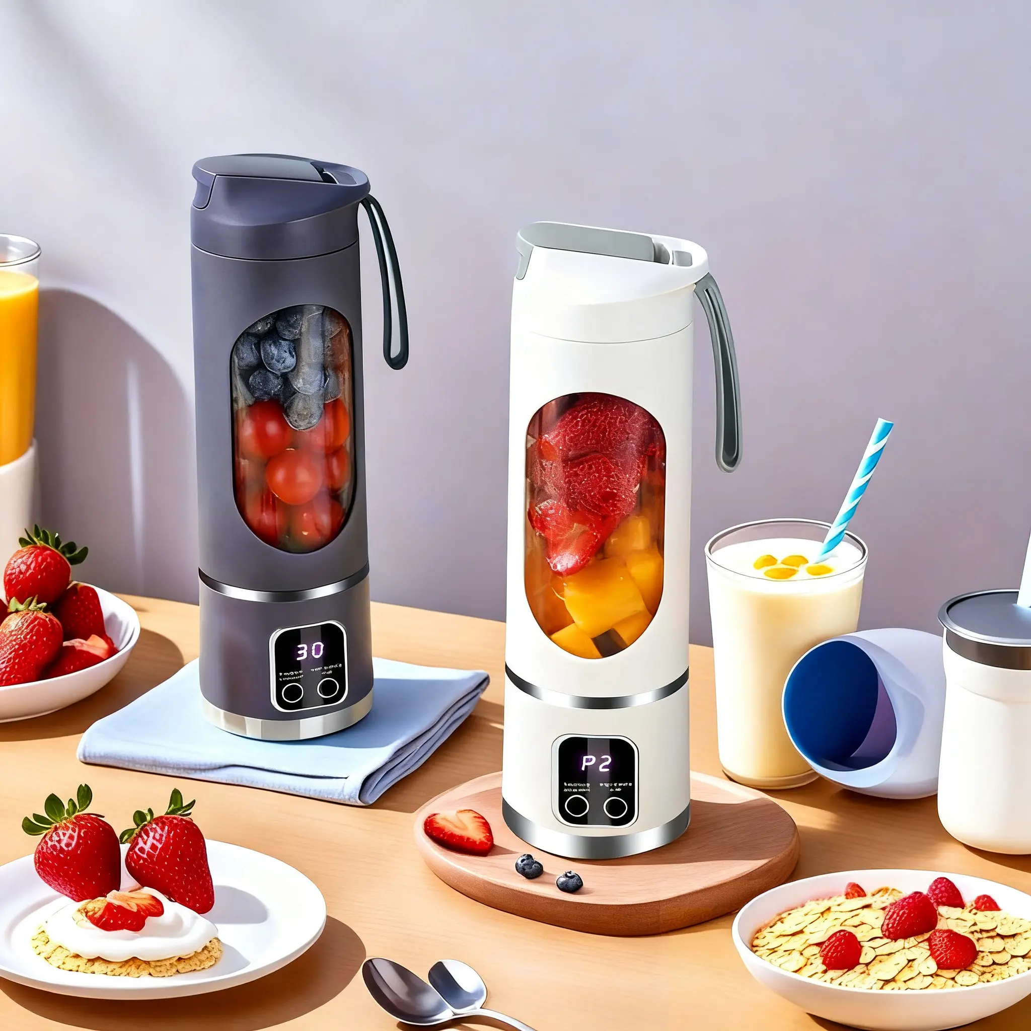 Portable Blender, 450ml, for Juices & Smoothies. Equipped with 12 Stainless Steel Blades, USB Rechargeable, 3-speed Control, 50W power.Available in Purple and White.