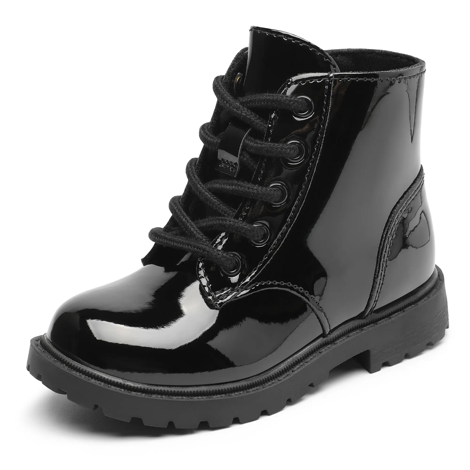 Kids' Genuine Leather Footwear Boots - Toddler & Little Kid Ankle Boots, Shiny Black/Pink, Round Toe, Combat/Cowboy Style, Side Zipper & Lace-Up, Stylish Comfortable Versatile Winter Footwear, Footwear Boot, Combat Boot tiktokshopbacktoschool