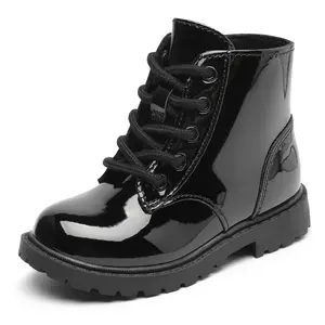 Toddler & Little Kid Cowboy Boots / Combat Winter Boots, Shiny Genuine Leather Look, Side Zipper & Lace-Up, Comfy Non-Slip Sole for School & Outdoor Wear