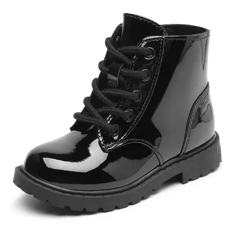 Kids' Genuine Leather Footwear Boots - Toddler & Little Kid Ankle Boots, Shiny Black/Pink, Round Toe, Combat/Cowboy Style, Side Zipper & Lace-Up, Stylish Comfortable Versatile Winter Footwear, Footwear Boot, Combat Boot tiktokshopbacktoschool