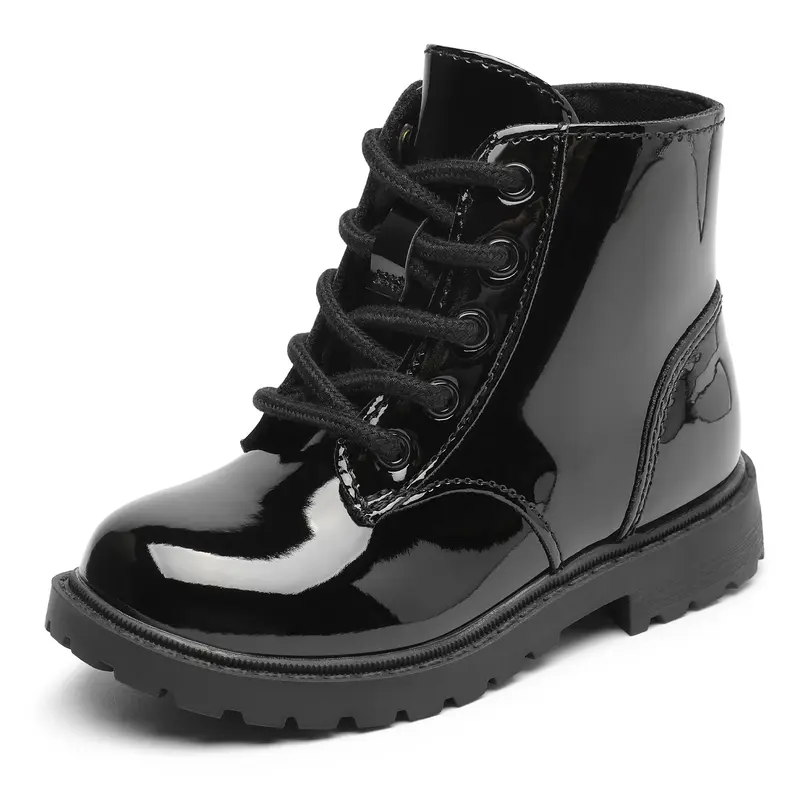 Kids' Genuine Leather Footwear Boots - Toddler & Little Kid Ankle Boots, Shiny Black/Pink, Round Toe, Combat/Cowboy Style, Side Zipper & Lace-Up, Stylish Comfortable Versatile Winter Footwear, Footwear Boot, Combat Boot tiktokshopbacktoschool