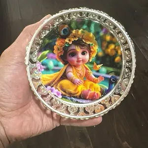 Baby Krishna Round Bowl 4 Inch Best for Gifting and Festivals with Intricate Floral Rim Design and Vibrant Bal Krishna Image in Bright Yellow Attire