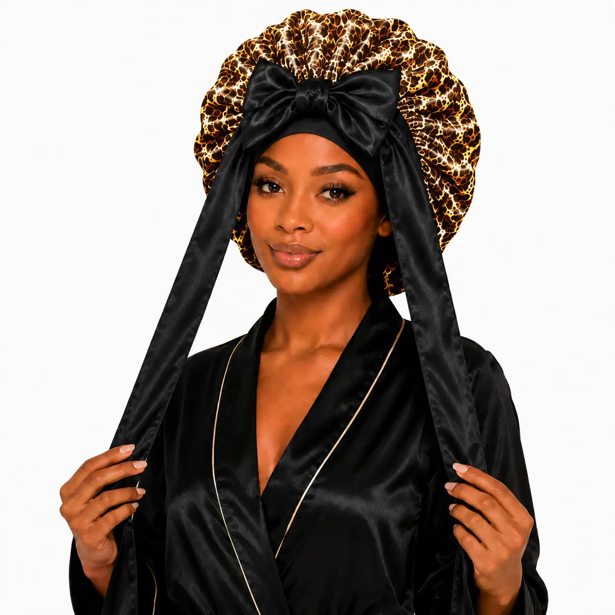 Jumbo Double Layer Satin Bonnet with Long Elastic Tie Band, Adjustable Sleep Cap for Women with Natural Curly Hair, Braids, Locs, Heatless