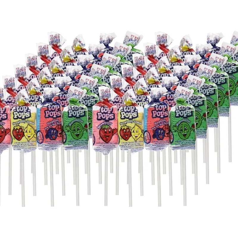 Top Pops Taffy Pops 48 Pack 4 Assorted Fruit Flavor Lollipops Candy Sweet Snack Bonbon Watermelon Lemon Strawberry Taffy Candy Variety Bulk Box