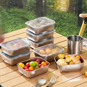Food Storage Container with Lid, Portable Food Storage, 5pcs/set Metal Food Storage Box, Food Storage Container for Home Kitchen Outdoor Camping, Utensils