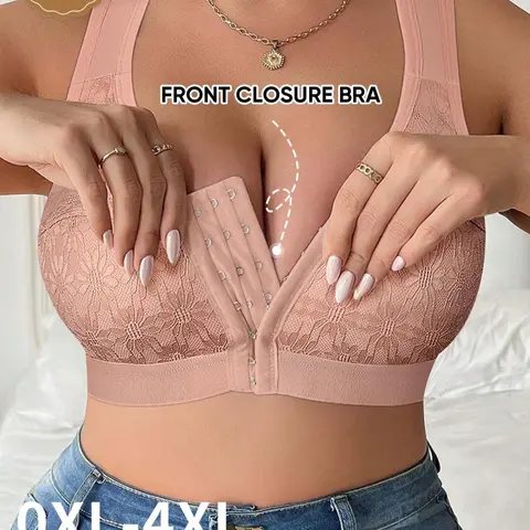 MEIYATING  Plus Size Women's Neckline Bra, Full Coverage, Thin Cup, No Padded Underwire, Soft Breathable, Front Buckle, Push Up, Medium Support, Lingerie, Non Padded Bra