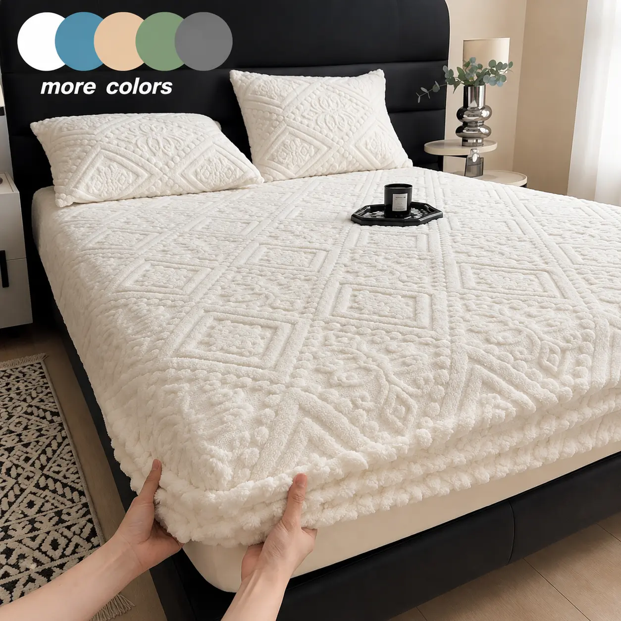 European Damask Embossed Plush Fleece Fitted Sheet Set, Soft Comfy Bedding, Ultra Soft Mattress Cover & Protector, Deep Pocket with All-Around Elastic, 2/3-Piece Bedding with 1 Fitted Sheet & 1-2 Pillowcases for Home #GLOBAL PICKS