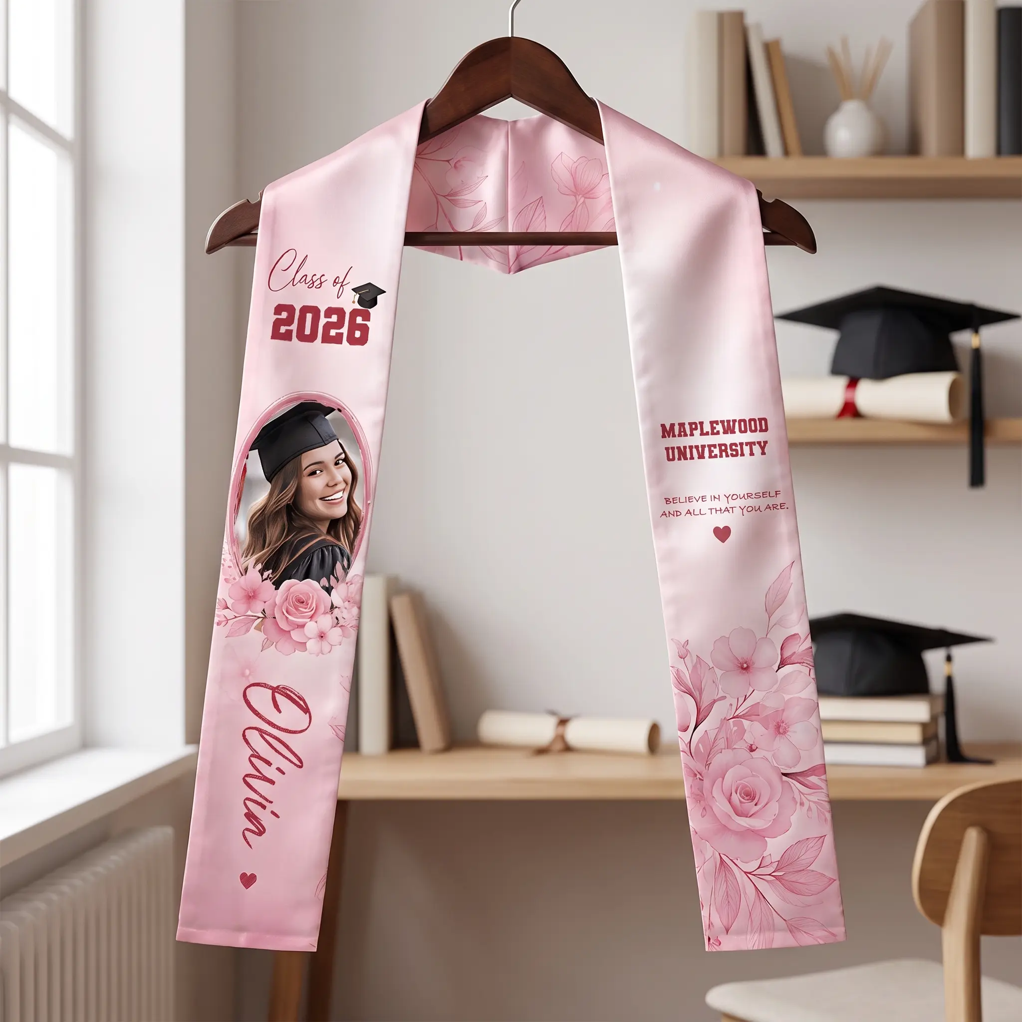 Personalized Pink Floral Graduation Stole – Custom Name