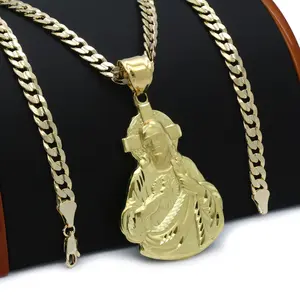 Jesus Brass Pendant & 14K Stamped 5mm Miami Cuban Chain Hip Hop Necklace Fashion Jewelry