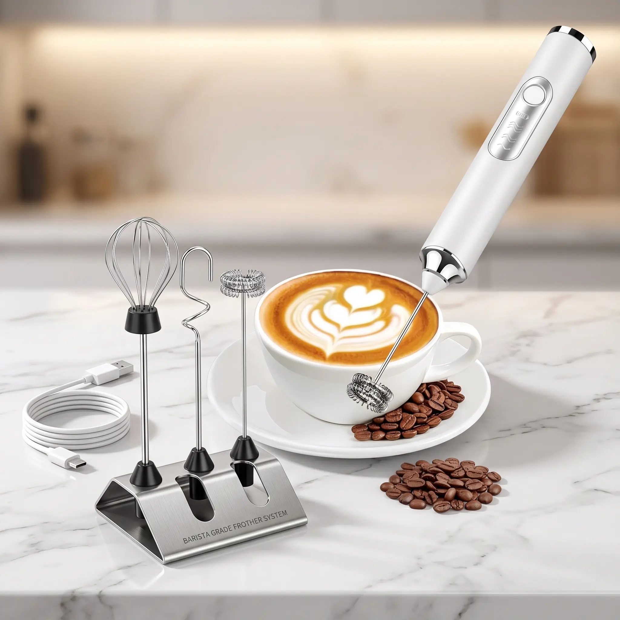 Rechargeable Electric Hand Frother with 3 Mixing Heads, 25 Spiral Rings, Compact Design, Ergonomic Non-Slip Grip – USB-C, Durable Stainless Steel for Café-Grade Drinks at Home, Ideal for Travelers (Foam Coffee, Whisk Matcha)