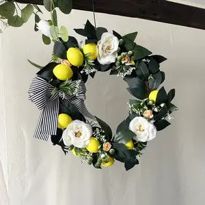 Summer & Fall Front Door Wreath – Faux Vine with Lemon Bow, Waterproof Outdoor Hanging Decoration for Garden Porch Window Living Room – All Season