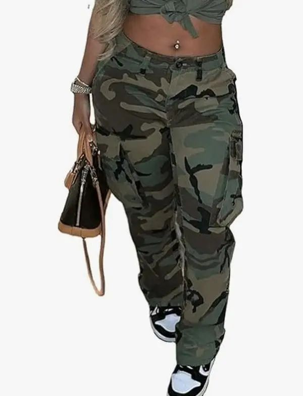 Original Oversize Camo Cargo Pants for Women, Plus Size High-Waisted Straight Cut Trousers with Pockets in a Linen-Like Fabric, Everyday