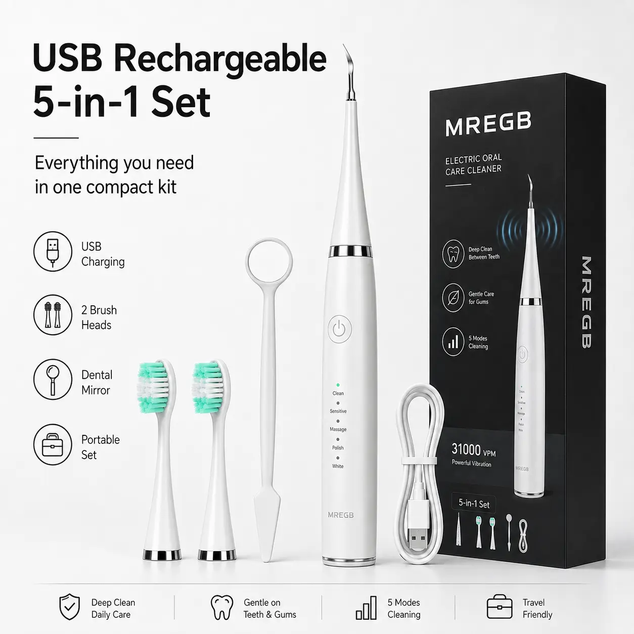 MREGB Sonic Electric Toothbrush & Plaque Remover, Teeth Tartar Cleaner, 2-in-1 Oral Care Kit, Teeth Whitening, 5 Modes, IPX7 Waterproof, Type-C Rechargeable, Replacement Brush Heads, Deep Cleaning, Sensitive Gums, Travel Friendly
