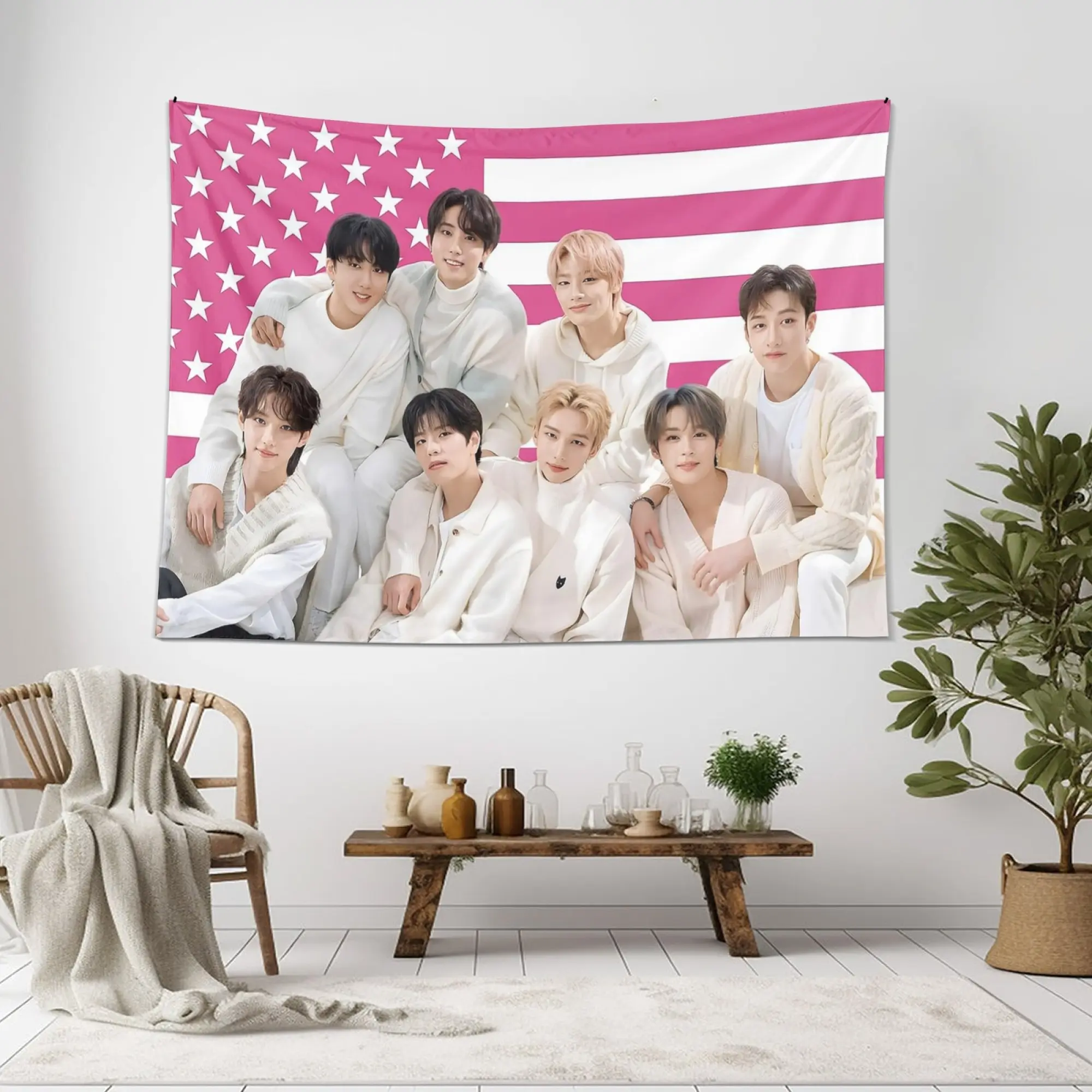 KPop Photo Tapestry, Pink American Flag Polyester Wall Hanging with Brass Grommets, 3x5 FT Indoor Bedroom Decor for Birthday Gifts
