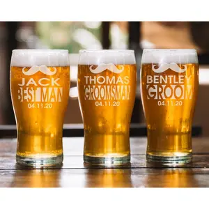 One Custom Engraved Groomsmen Proposal Mustache Bachelor Party Favors Pub Style Beer Glass for Men Home Bar Drinking Glasses Groom Gift
