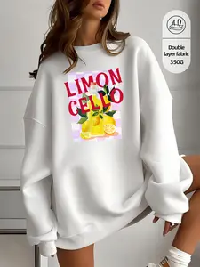 Lemon Letter Print Loose Round Neck Sweatshirt, High Quality Fitted Design, Casual All Season Wear, Model Wears 2xl, Buy One Size Up