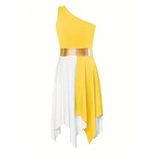 Girls’ asymmetrical shoulder costume for praise dance, worship dance, lyrical dance, and etiquette dance