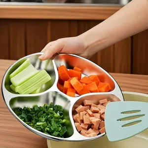 Thick 304 Stainless Steel 4-Compartment Serving Tray, Round Partitioned Dish for Hot Pot Ingredients, Food Grade Kitchen Organizer, Rust-Resistant