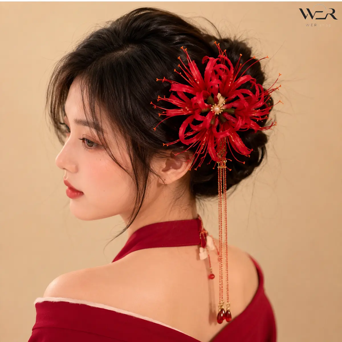 Red Higanbana Spider Lily Bead Chain Hair Clip, Chinese Style Decorative Flower Accessory Hair Clip for Women’s Bridal Wedding Party Special Occasion Gift, Bead Chain Hair Clips, Decorative Accessory Hair Clips