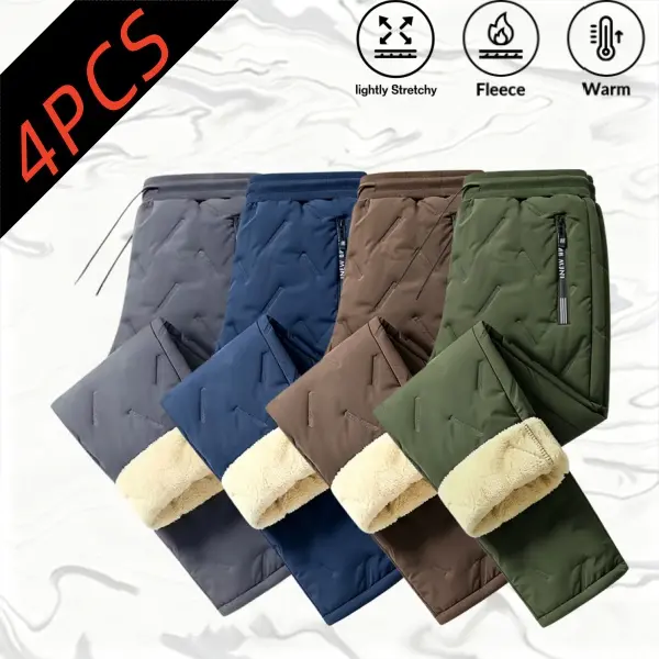 4-pack men’s fleece-lined, thickened thermal cotton pants—versatile for winter with a comfortable inner layer that resists wind and cold; elastic waistband with high stretch; versatile long pants suitable for daily commuting and outdoor travel.