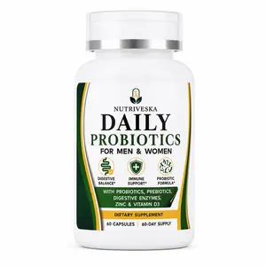 Nutriveska Daily Probiotics Dietary Supplement for Men & Women, 50B CFU with Prebiotics, Digestive Enzymes, Zinc, Vitamin D3 & Fiber, Gut & Immune Health Support, 60 Capsules