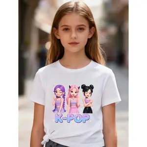 1[K-POP Girls' T-shirt] 1pc Girls' Summer Short-sleeved "K-POP Playful Girl" Cartoon Print T-shirt - Fashionable, Comfortable, Casual Trendy Item, Stylish Outfit