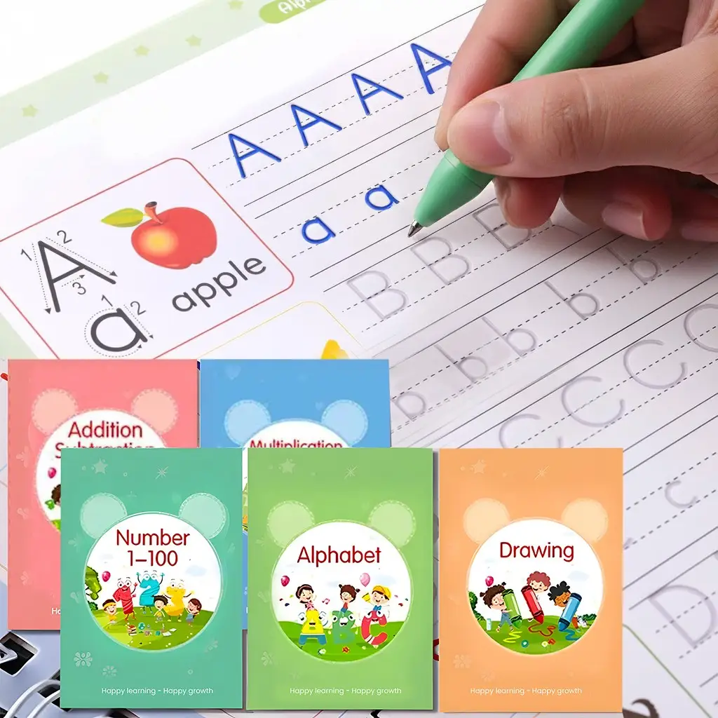 WTADAY Magic Grooved Practice Copybook 5 Pack with Pens for Kids Age 3-8 - Magical Handwriting Reusable Workbooks for Number Letter Tracing