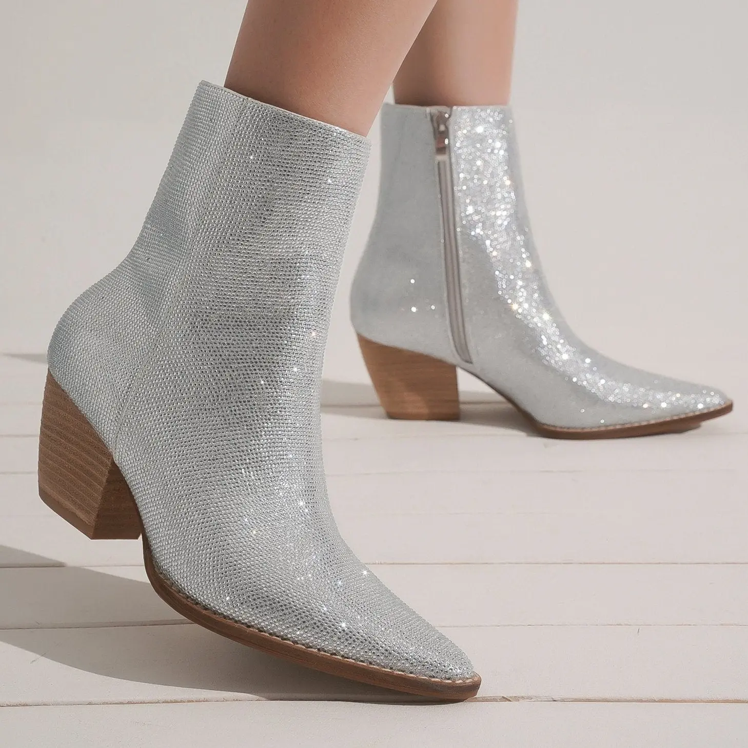 Beast Fashion Rhinestone Block Heel Ankle Boots ARISA-01-R Silver Western-Inspired Pointed Toe Comfortable Block Heel Side Zipper Party Wear