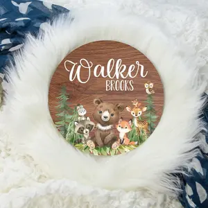 Woodland Animal Name Sign, Woodland Nursery Baby Sign, Round Wood Name Sign, Baby Announcement Sign, Bear Fox Raccoon Deer Sign W27