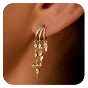 Sparkly Soocosisx Brass Real Gold Plated Personalized Creative Design DDES0048 Zircon-Inlaid Tassel Earrings for Women 14K Gold-Plated