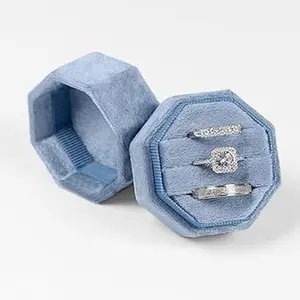 Velvet Ring Box,3 Slots Octagon Jewelry Ring Gift Box Vintage Ring Display Holder Case for Wedding Ceremony Proposal Engagement (Sapphire blue)